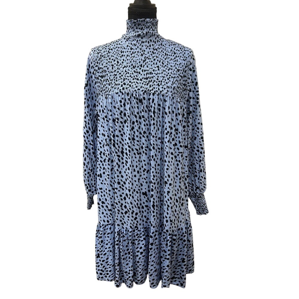 Boho Blue Animal Print Smocked Tiered Mini Dress - Long Sleeve